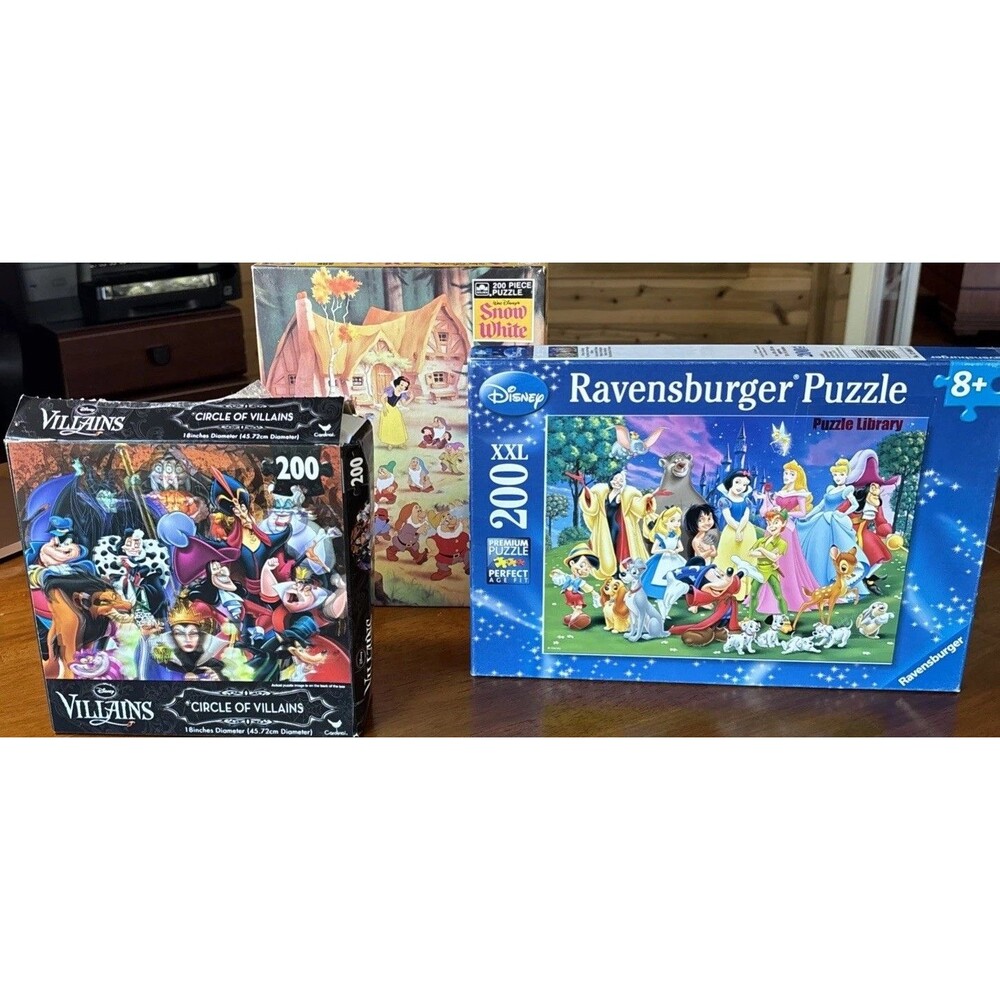 Lot Of 3 Disney Puzzle  200 Piece- Circle Of Villains, VNTG  Snow White, Cast